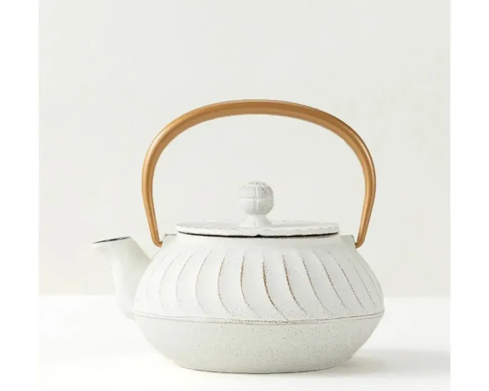 Cast Iron Teapot White Wave Gold Handle